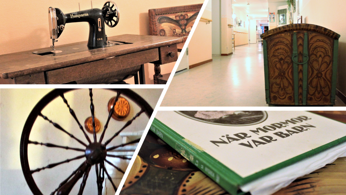 Bilden är ihopsatt av flera bilder. Trampsymaskin, Spinnrock, Bok När mormor var barn, Brudkista.